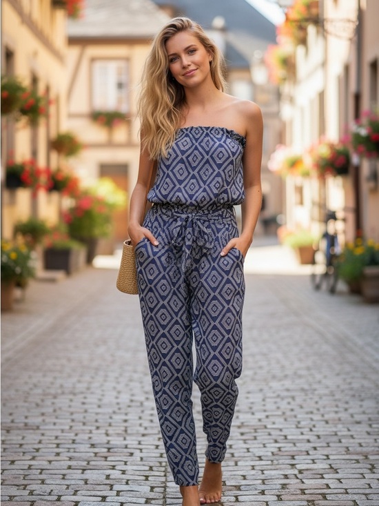 Vici Pants - Vici Navy Geometric Strapless Jumpsuit